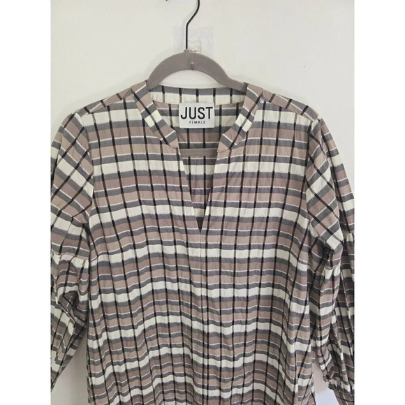 Just Female Anthropologie Midi Soon Plaid Taupe Organic Cotton Dress 36 Small S - Picture 2 of 12